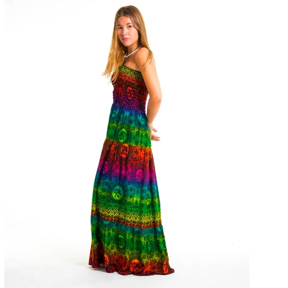 Harem Hippie Dress Rainbow Elephant Smocked Maxi Dress in Green *BRAND NEW*